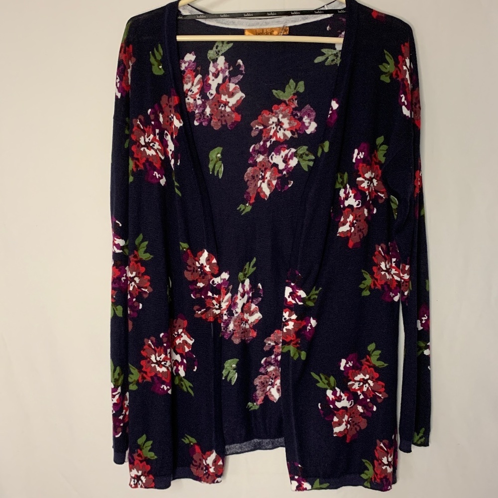 Belldini Floral Cardigan Medium Navy Open Sweater Long Sleeve Spring Wrap Casual